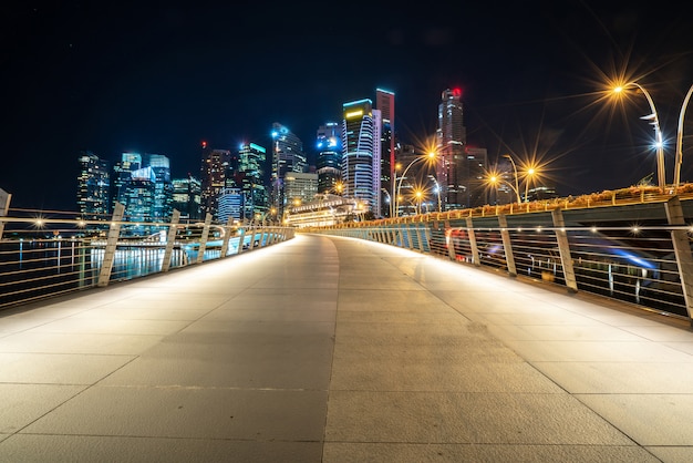 Long road wiht skyscrapers at night