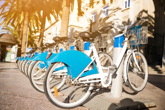 Long row of bicycles for rent parked on a street