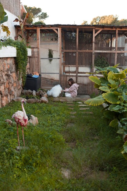 Long shot of girl playing with her puppy