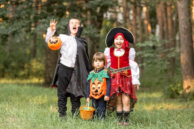 Free photo long shot of kids with halloween costumes