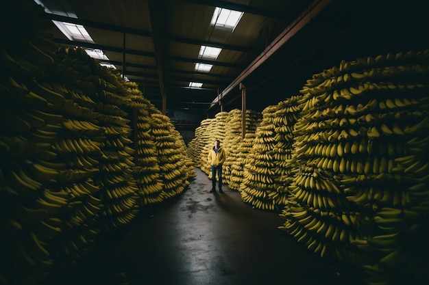 Free photo long shot man in bananas storage room