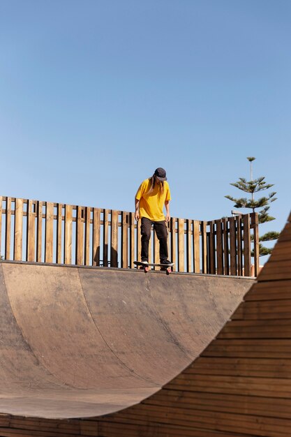 Long  shot man on skateboard