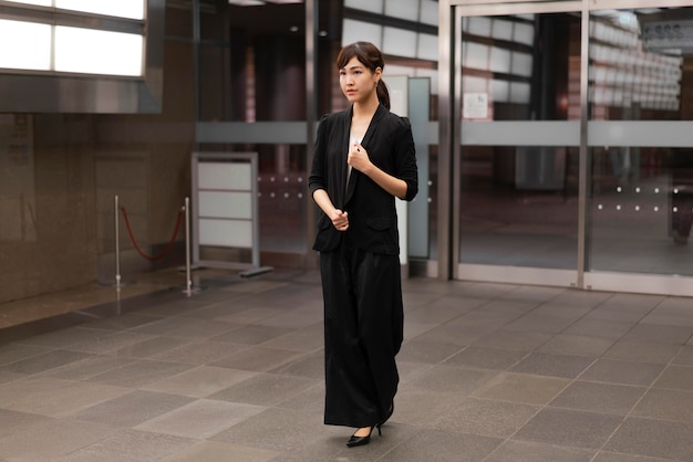 Long shot of woman in front of a builidng