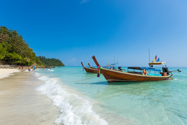 Long tail boat on tropical beach, Krabi, Thailand