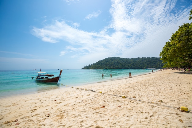 Long tail boat on tropical beach, Krabi, Thailand