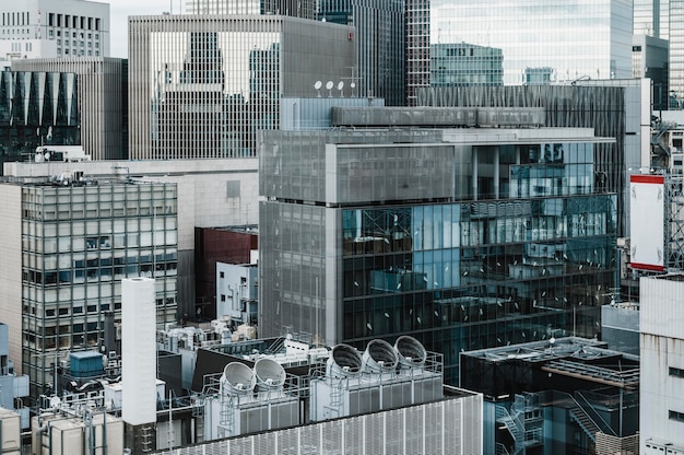 Long view modern skyscrapers office buildings