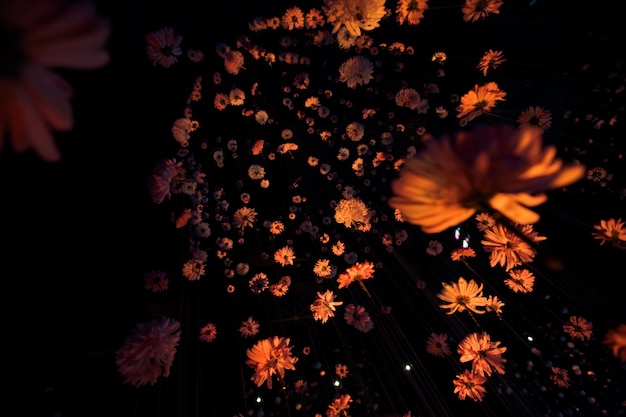 Free Photo look from below at beautiful chrysanthemums hanging on the threads in dark room