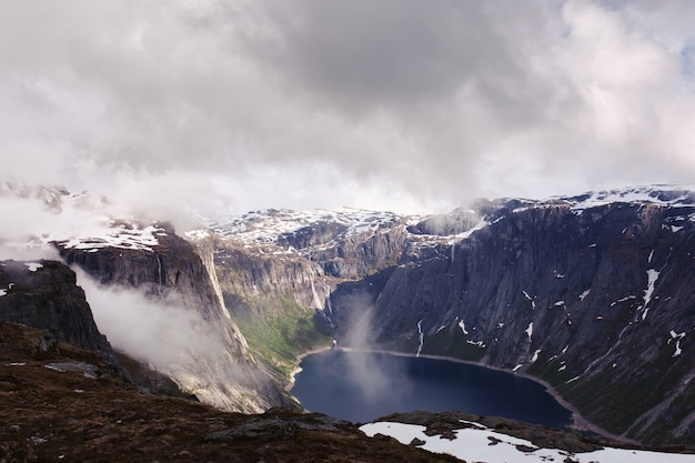 Free Photo look from above at blue lake among tall rocks in the norway