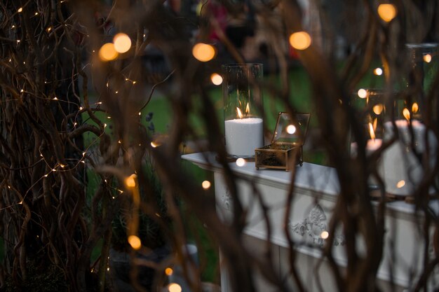 Look through the shiny branches at white table with candles