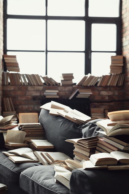 Free Photo a lot of books lying on the sofa. nobody