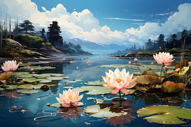 lotus lake painting backdrops landscape