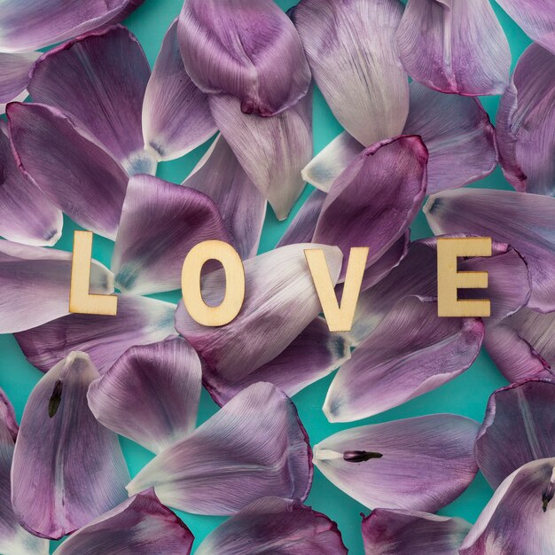 "love" lettering on rose petals