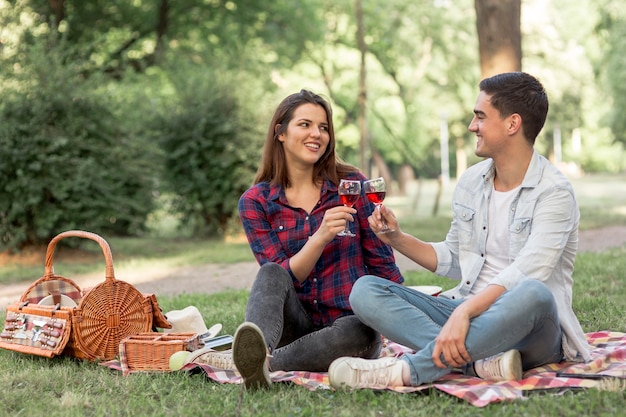 Free photo lovely couple clinking wine glasses at picnic