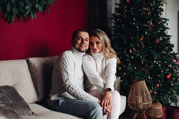 Lovely couple posing for a holiday picture near Christmas tree