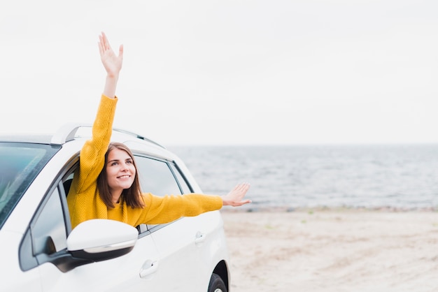 Lovely traveling woman having fun