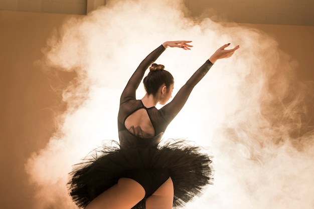 Low angle ballerina posing in smoke