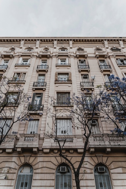 Low angle of concrete building in the city with trees