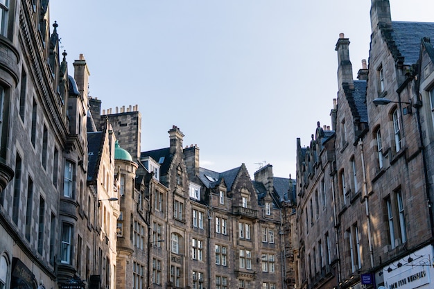 low angle Edinburgh tall buildings in center town, Scotland