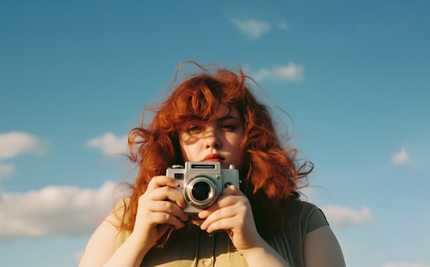 Low angle girl holding camera