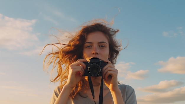 Free Photo low angle girl holding camera