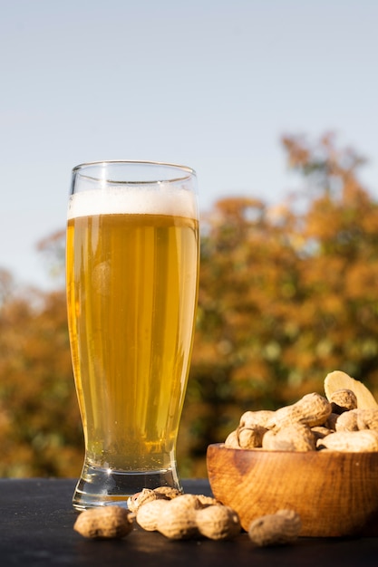 Free photo low angle glass with beer beside peanuts