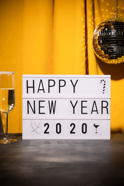 Free Photo low angle happy new year sign on table