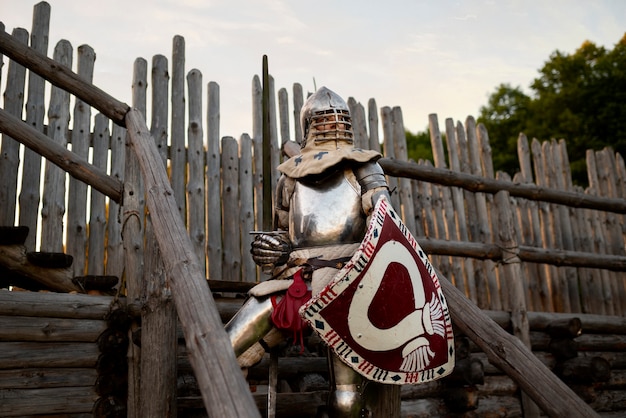 Free photo low angle man posing as a medieval soldier