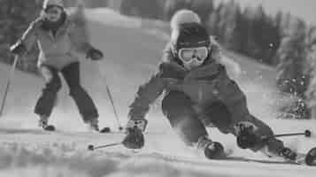 Free photo low angle people skiing monochrome