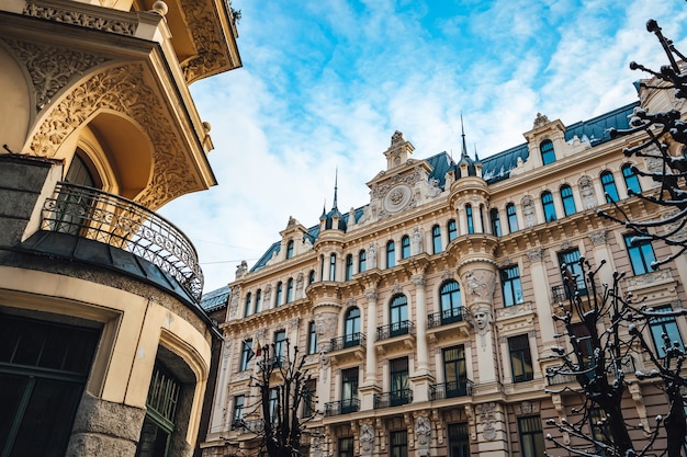 Low angle shot of Art Nouveau architecture building facade in Riga, Latvia