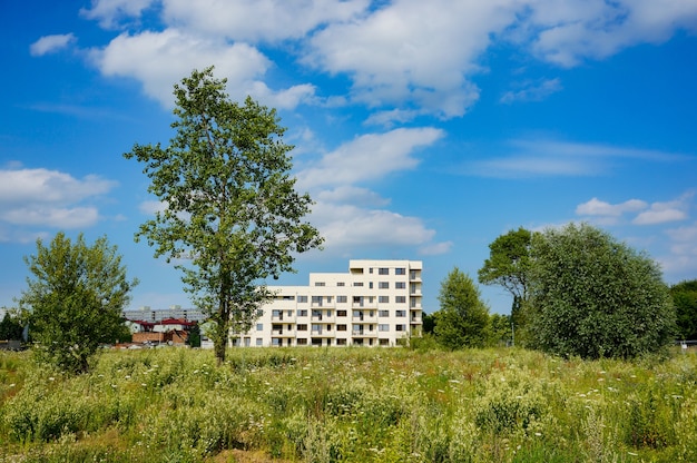 Free Photo low angle shot of a field with wildflowers and a modern building under a blue sky with clouds