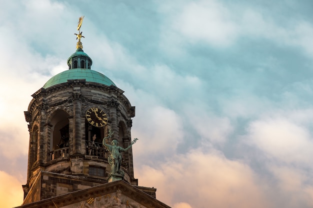 Low angle shot of the Royal Palace at the Dam Square in Amsterdam, Netherlands