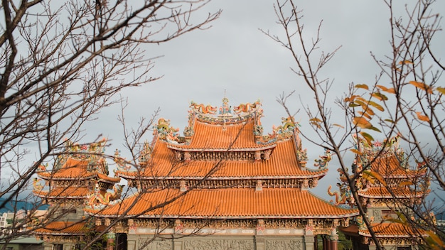 Low angle shot of Shinto shrine with interesting textures under the clear sky