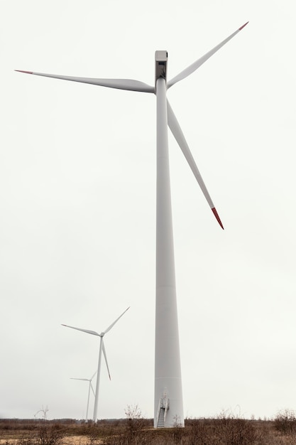 Free Photo low angle of wind turbines in the field