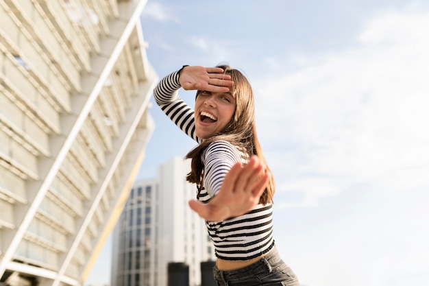 Low angle woman looking happy