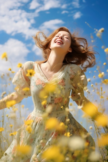 Low angle woman posing with beautiful flowers