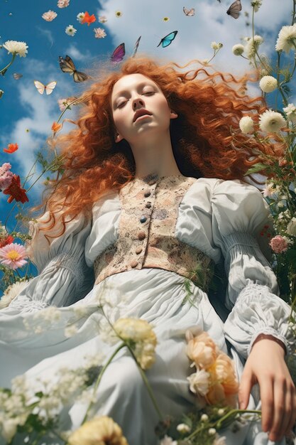 Low angle woman posing with flowers