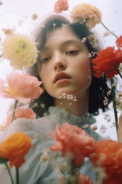 Low angle woman posing with flowers