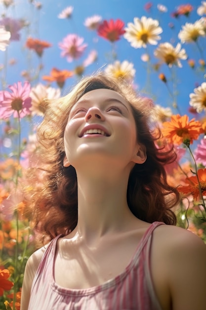 Low angle woman posing with flowers