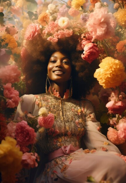 Low angle woman posing with flowers