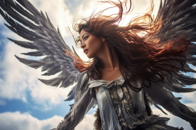 Free photo low angle woman with wings flying