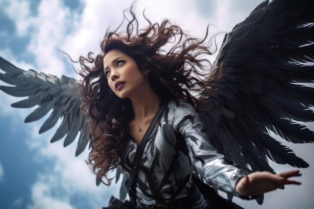 Free photo low angle woman with wings flying