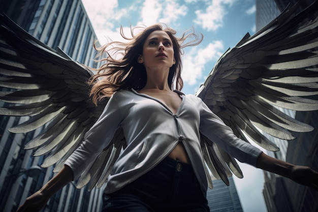 Free Photo low angle woman with wings flying