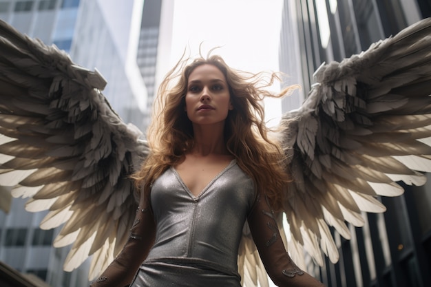 Free photo low angle woman with wings flying