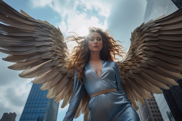 Free Photo low angle woman with wings flying