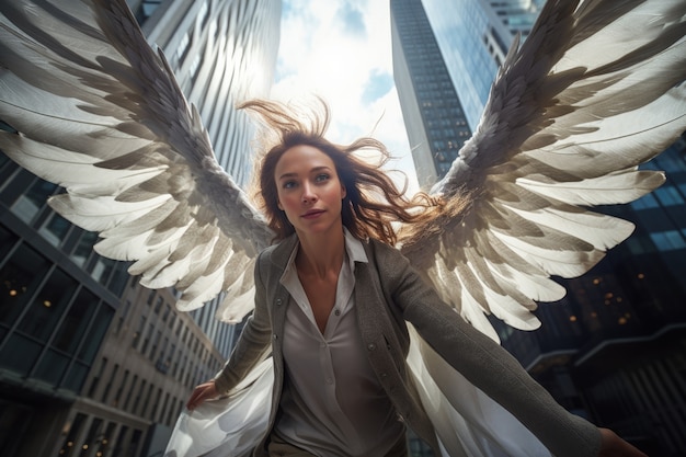 Free photo low angle woman with wings flying