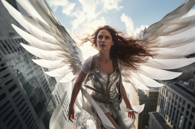 Free photo low angle woman with wings flying