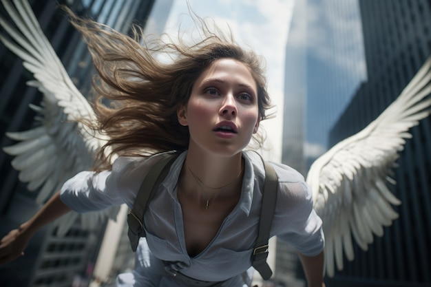 Free photo low angle woman with wings flying