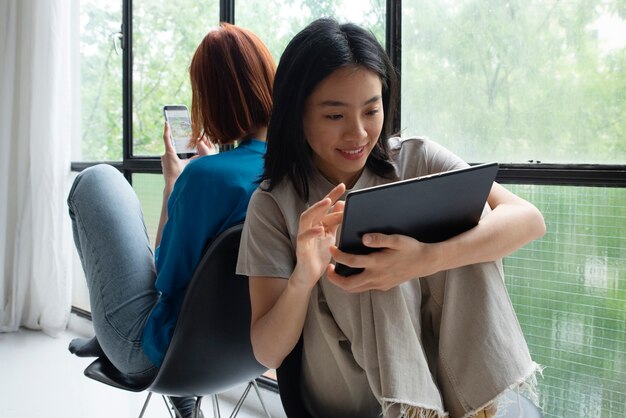 Low angle women with devices