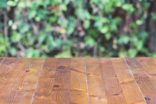 Lumber tabletop on plant wall background