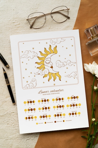 Free photo lunar calendar with moon drawing